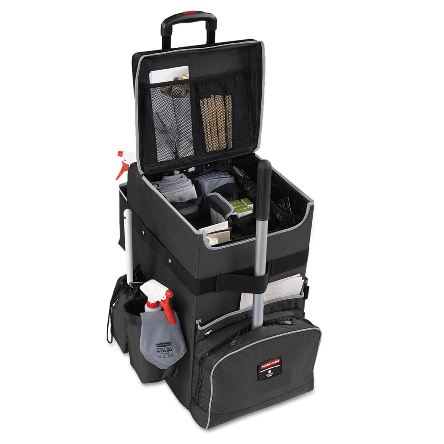 Executive Quick Clean Janitorial Cart, Synthetic Fabric, 16 Compartments, 14.25" x 16.5" x 25", Dark Gray