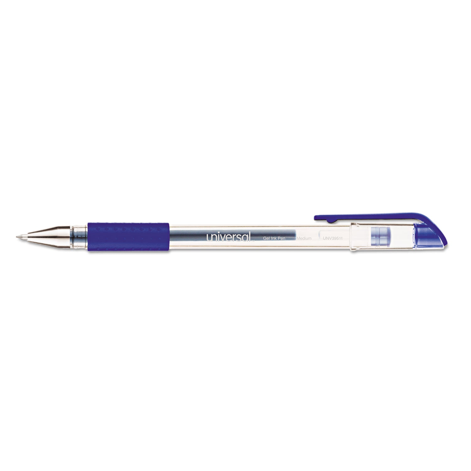 Universal™ Comfort Grip Gel Pen, Stick, Medium 0.7 mm, Blue Ink, Clear/Blue Barrel, Dozen