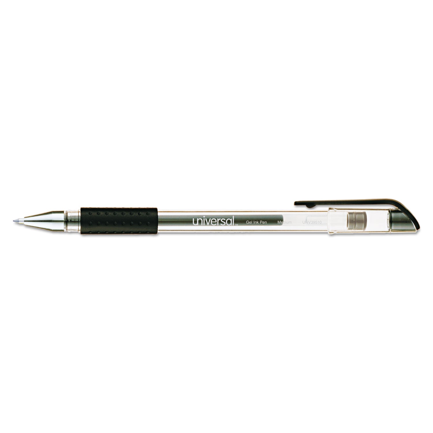 Universal™ Comfort Grip Gel Pen, Stick, Medium 0.7 mm, Black Ink, Clear/Black Barrel, Dozen