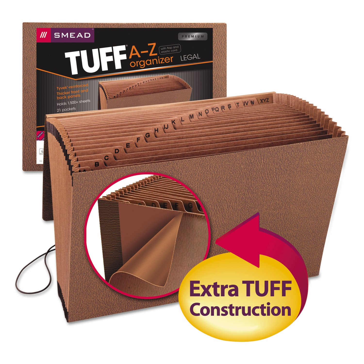 Smead™ TUFF Expanding Wallet, 21 Sections, Elastic Cord Closure, 1/21-Cut Tabs, Legal Size, Redrope