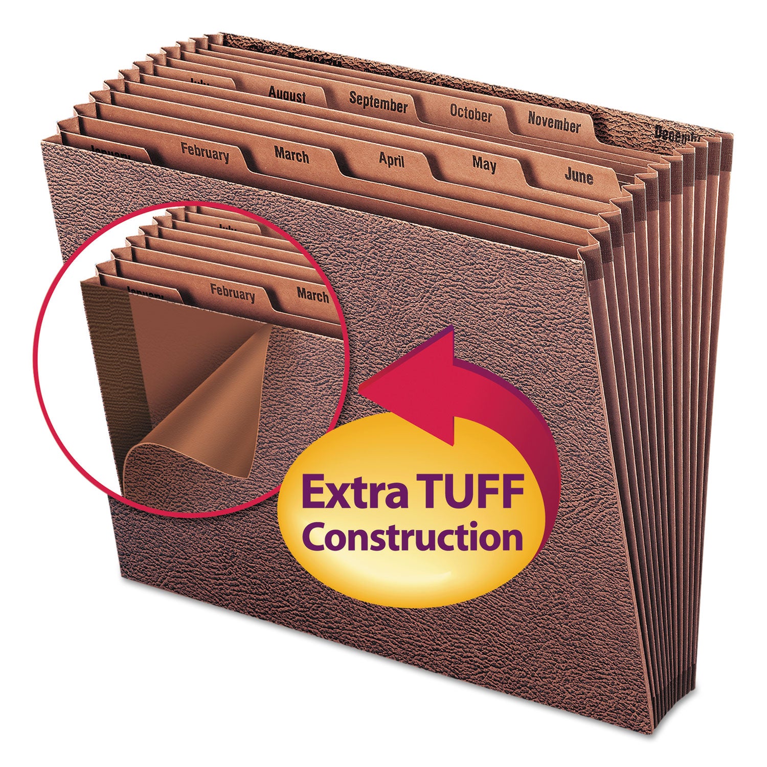 Smead™ TUFF Expanding Open-Top Stadium File, 12 Sections, 1/12-Cut Tabs, Letter Size, Redrope