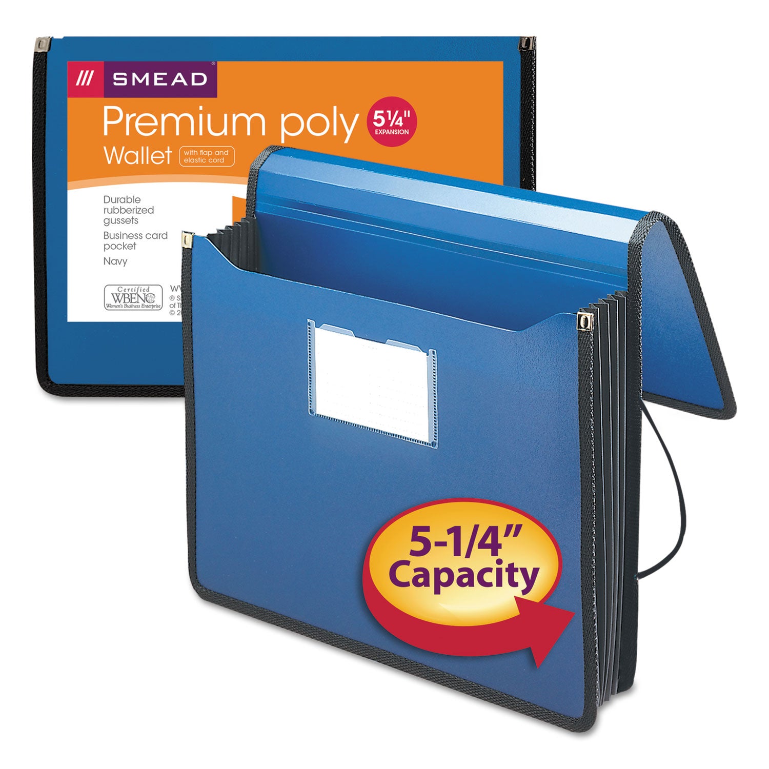 Smead™ Poly Premium Wallets, 5.25" Expansion, 1 Section, Elastic Cord Closure, Letter Size, Navy Blue