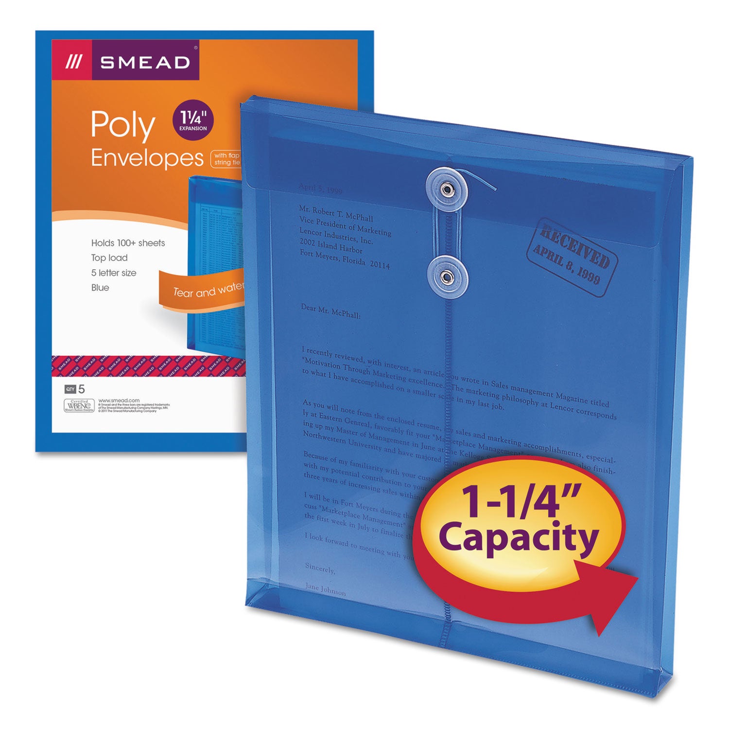 Smead™ Poly String and Button Interoffice Envelopes, Open-End (Vertical), 9.75 x 11.63, Transparent Blue, 5/Pack