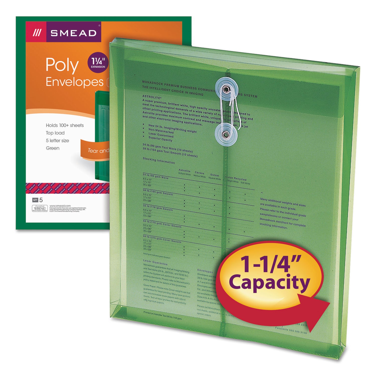 Smead™ Poly String and Button Interoffice Envelopes, Open-End (Vertical), 9.75 x 11.63, Transparent Green, 5/Pack