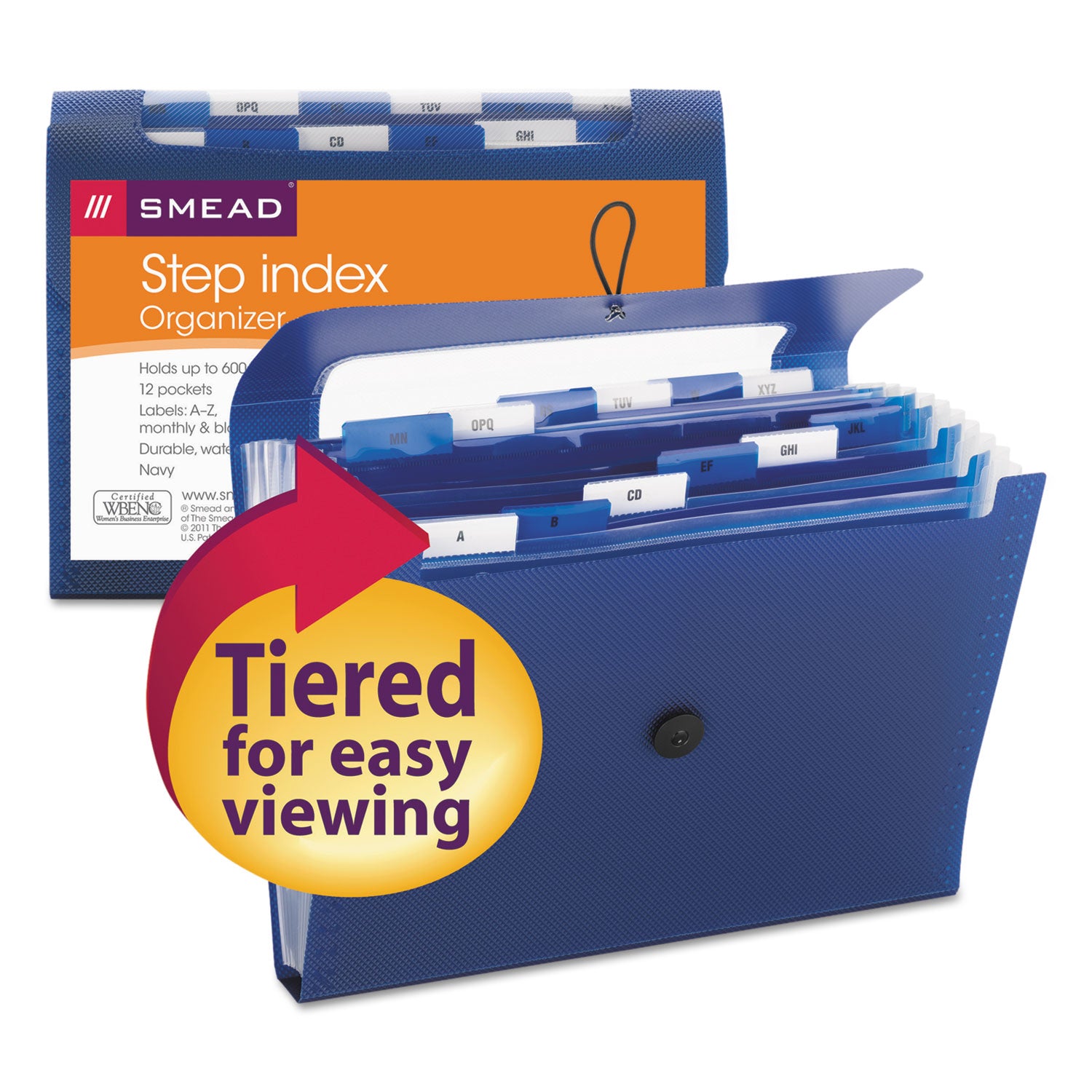 Smead™ Step Index Organizer, 12 Sections, Cord/Hook Closure, 1/6-Cut Tabs, Letter Size, Navy