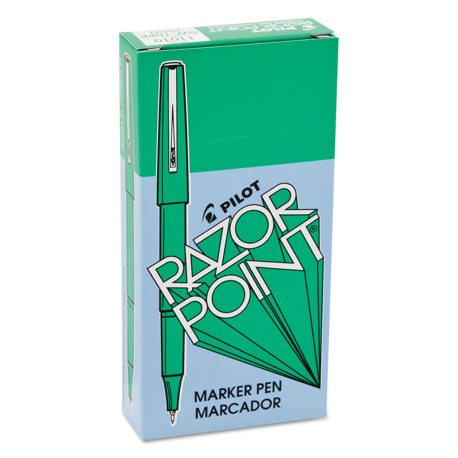 Pilot® Razor Point Fine Line Porous Point Green Pens, Stick, Extra-Fine 0.3 mm, Green Ink, Green Barrel, Dozen