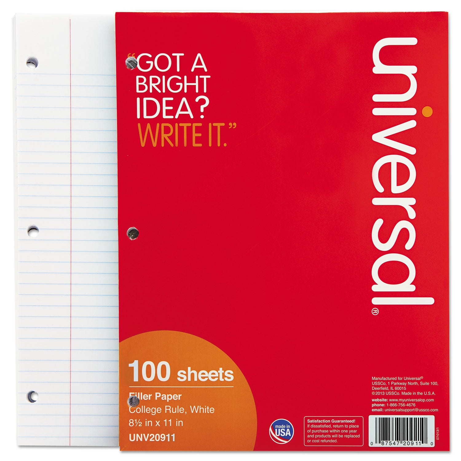 Universal® Filler Paper, 3-Hole, 8.5 x 11, Medium/College Rule, 100/Pack