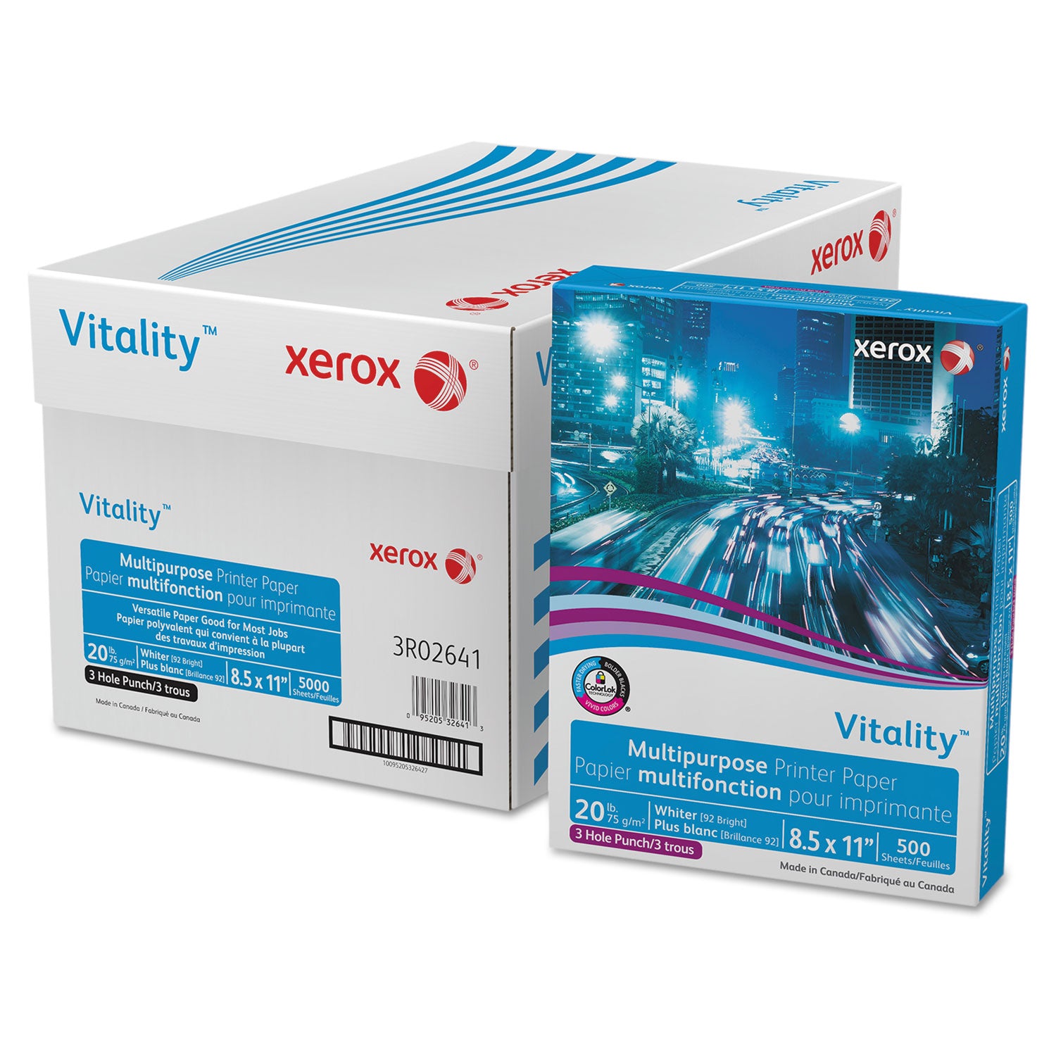 Vitality Multipurpose Print Paper, 92 Bright, 3-Hole, 20 lb Bond Weight, 8.5 x 11, 500 Sheets/Ream, 10 Reams/Carton