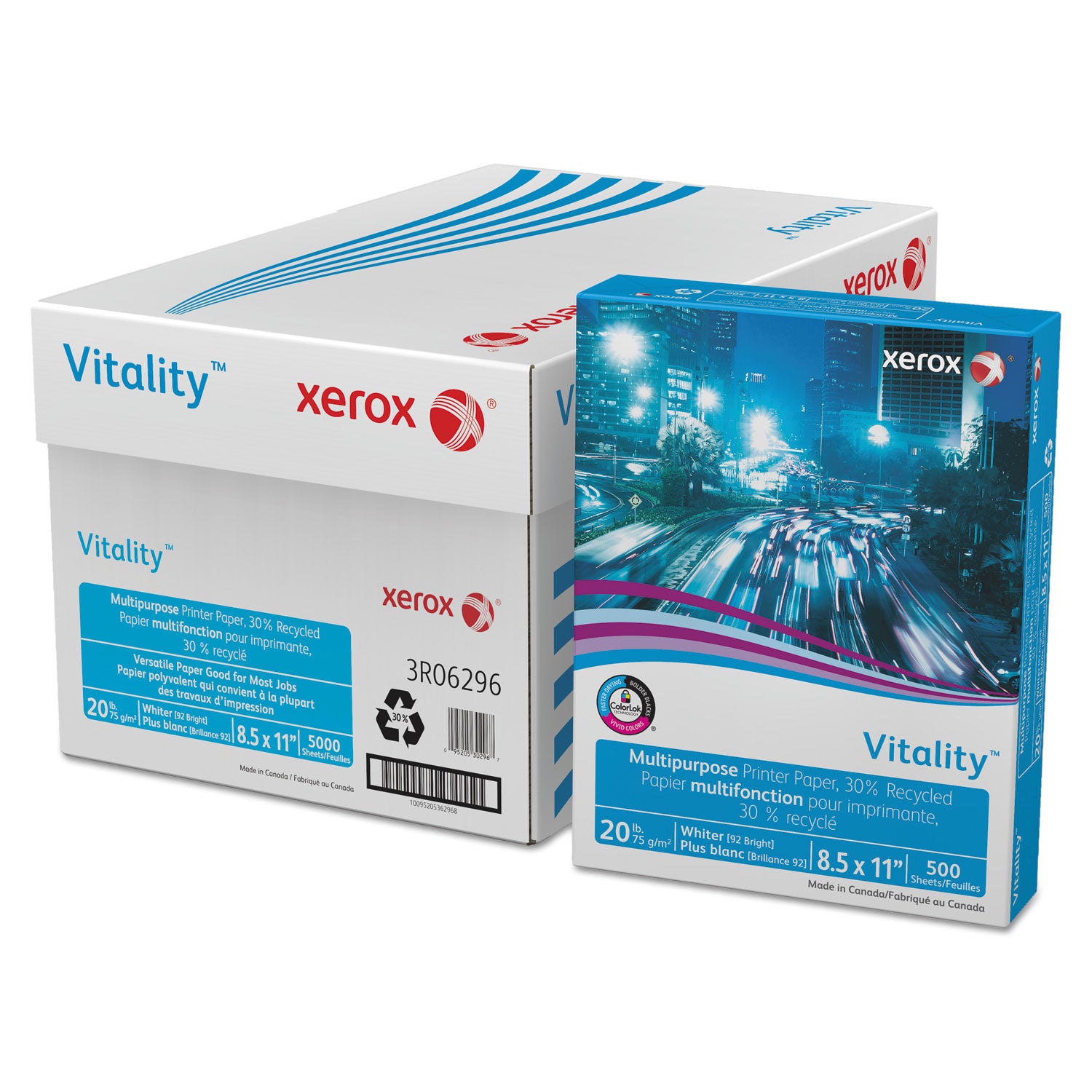 Vitality 30% Recycled Multipurpose Paper, 92 Bright, 20 lb Bond Weight, 8.5 x 11, White, 500/Ream