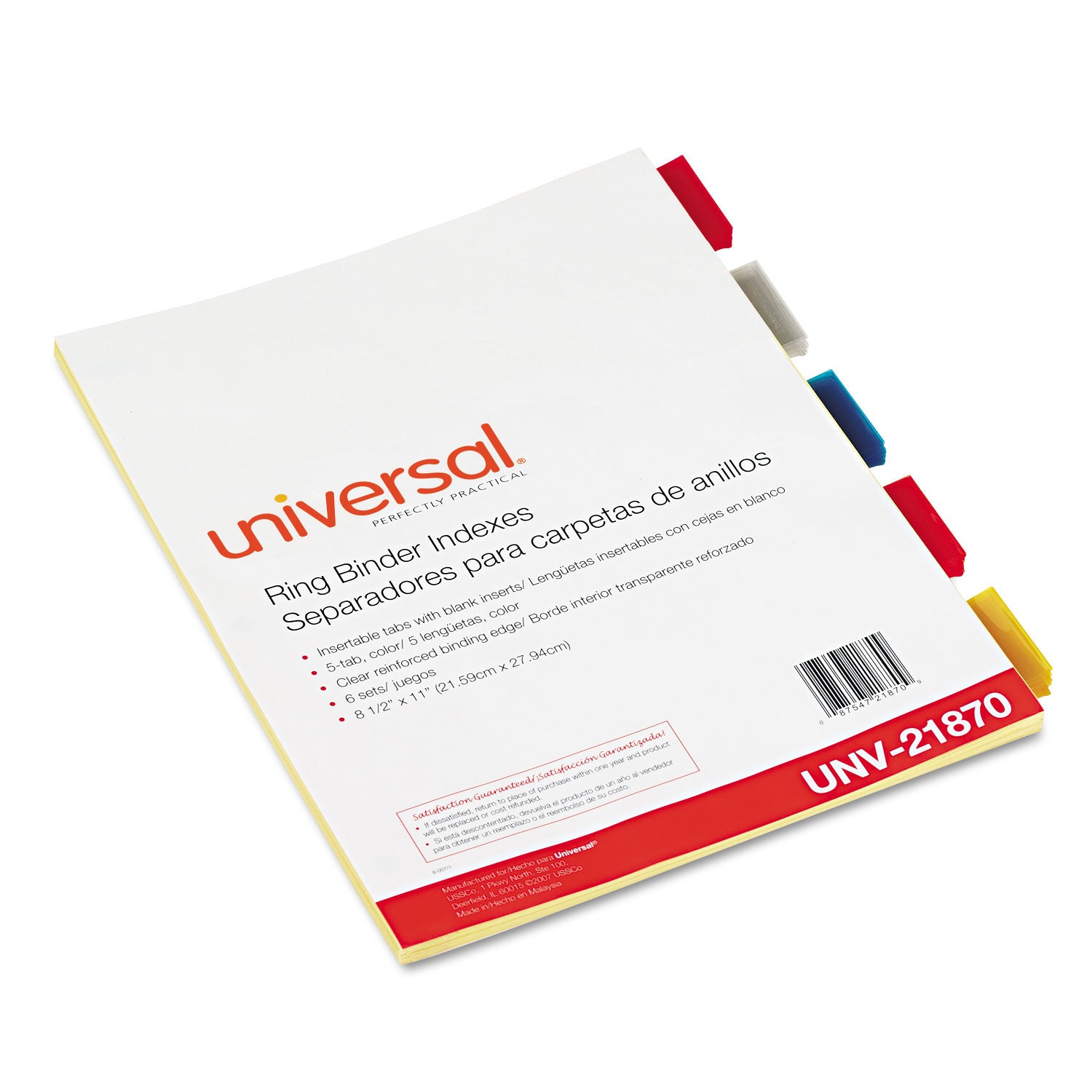 Universal® Insertable Tab Index, 5-Tab, 11 x 8.5, Buff, Assorted Tabs, 6 Sets