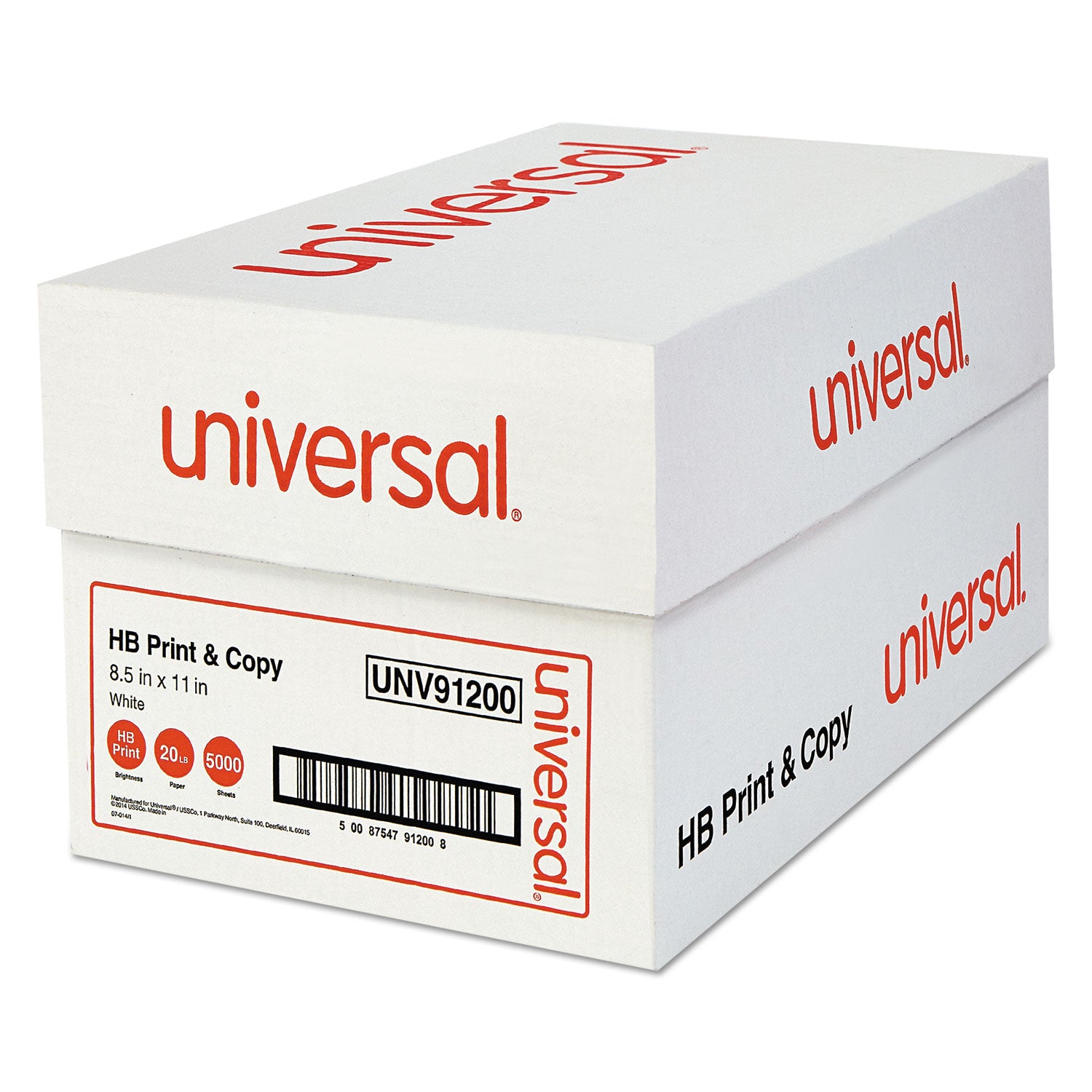 Universal® High-Bright Multipurpose Paper, 20 lb Bond Weight, 8.5 x 11, White, 500 Sheets/Ream, 10 Reams/Carton