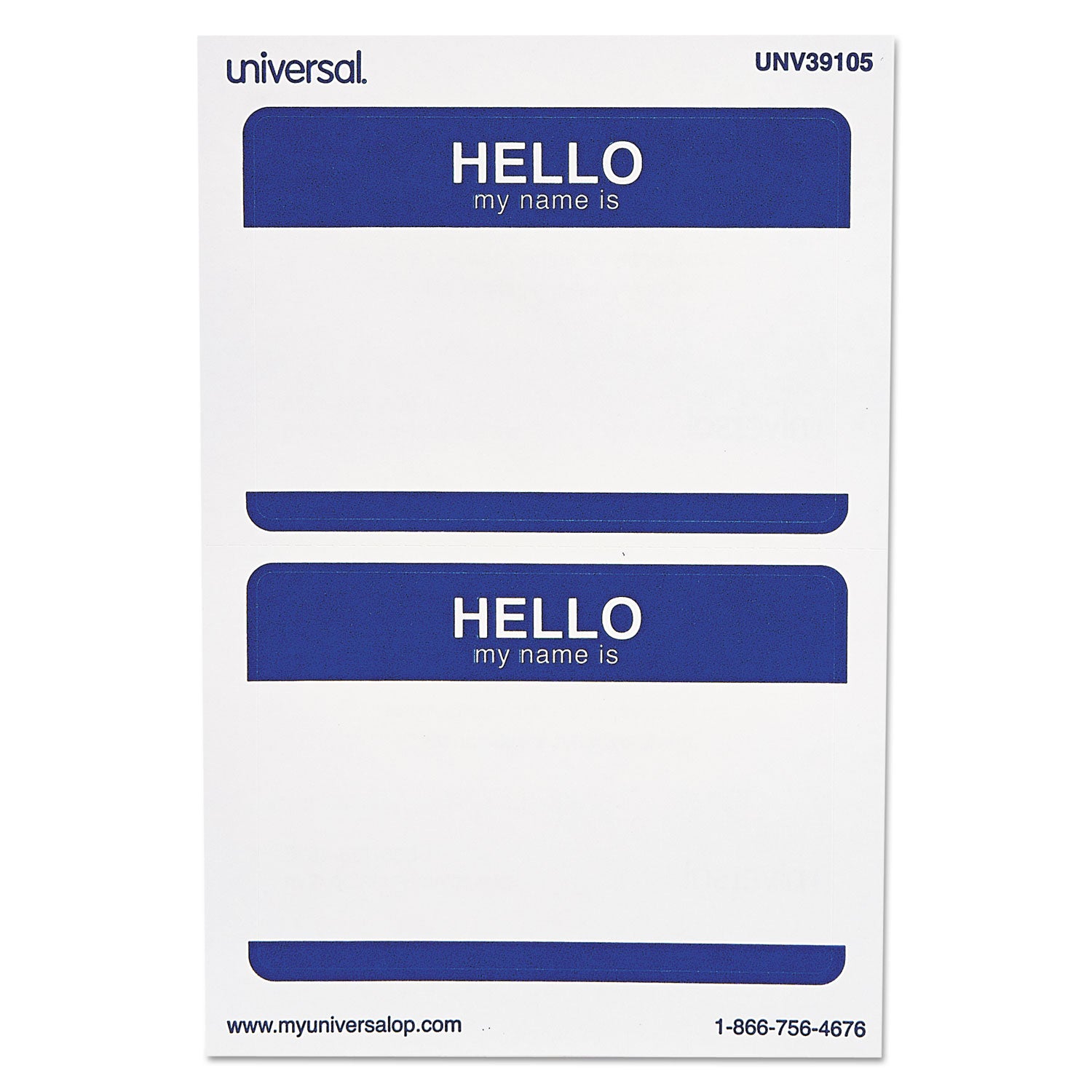 Universal® Hello Self-Adhesive Name Badges, 3.5 x 2.25, White/Blue, 100/Pack