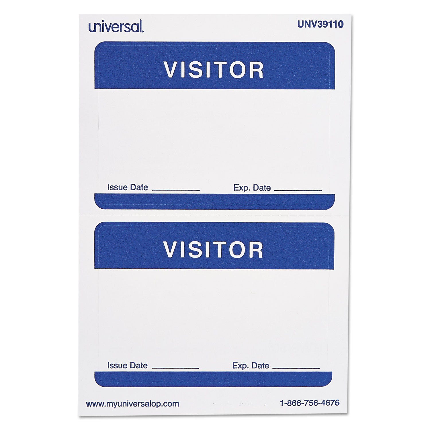 Universal® Visitor Self-Adhesive Name Badges, 3.5 x 2.25, White/Blue, 100/Pack