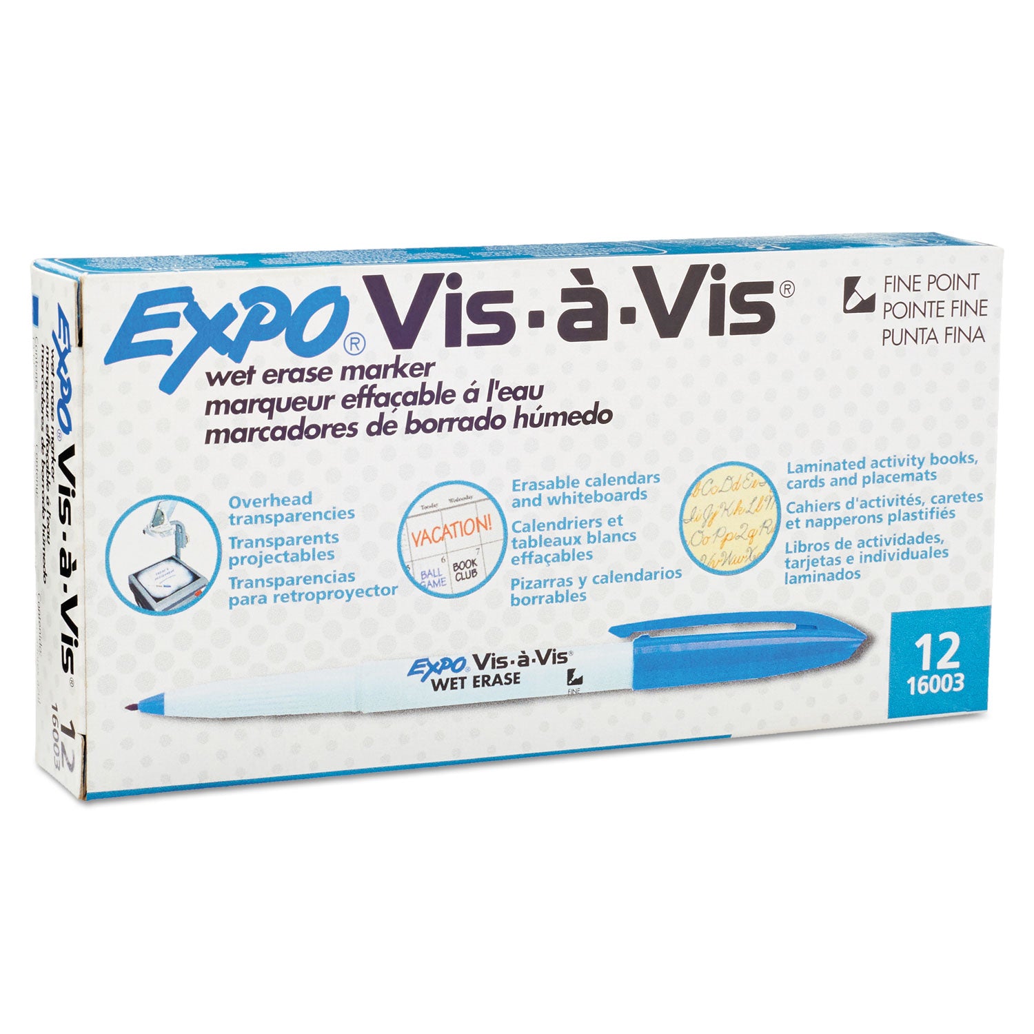 EXPO® Vis-a-Vis Wet Erase Marker, Fine Bullet Tip, Blue, Dozen