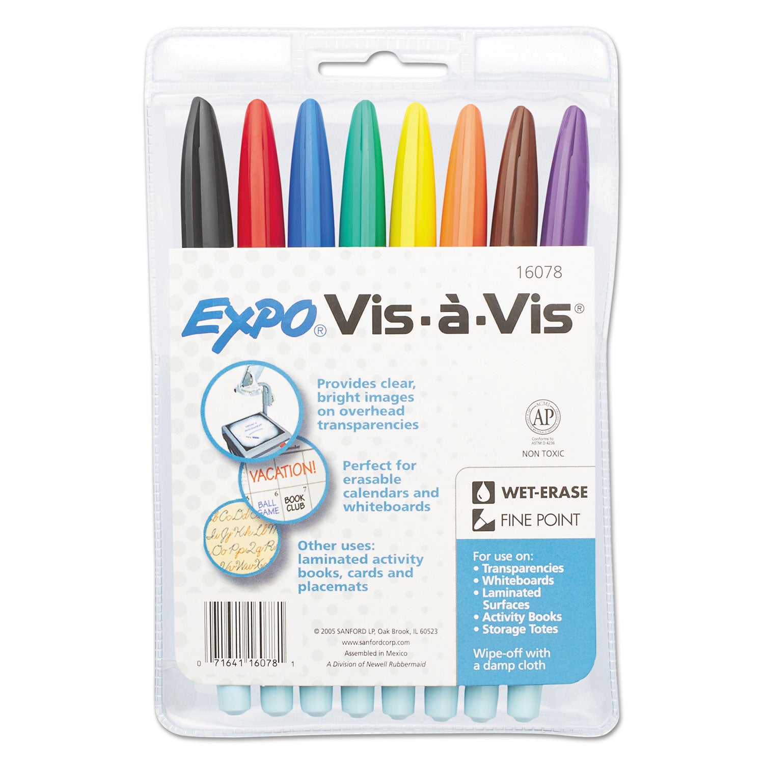 Vis-a-Vis Wet Erase Marker, Fine Bullet Tip, Assorted Colors, 8/Set