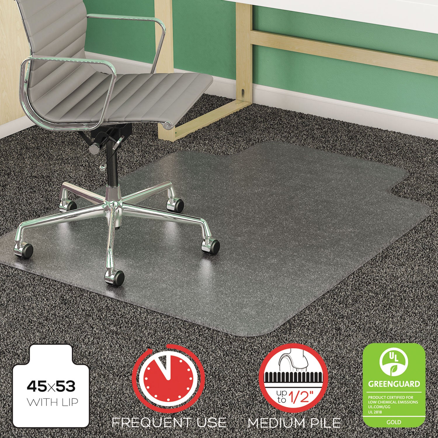 deflecto® SuperMat Frequent Use Chair Mat for Medium Pile Carpet, 45 x 53, Wide Lipped, Clear