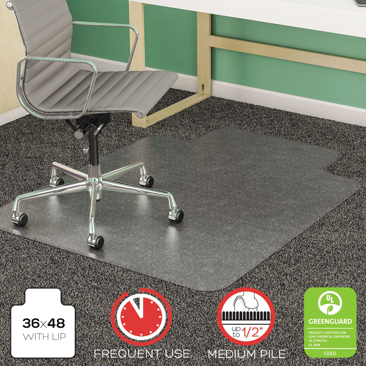 SuperMat Frequent Use Chair Mat, Med Pile Carpet, Flat, 36 x 48, Lipped, Clear