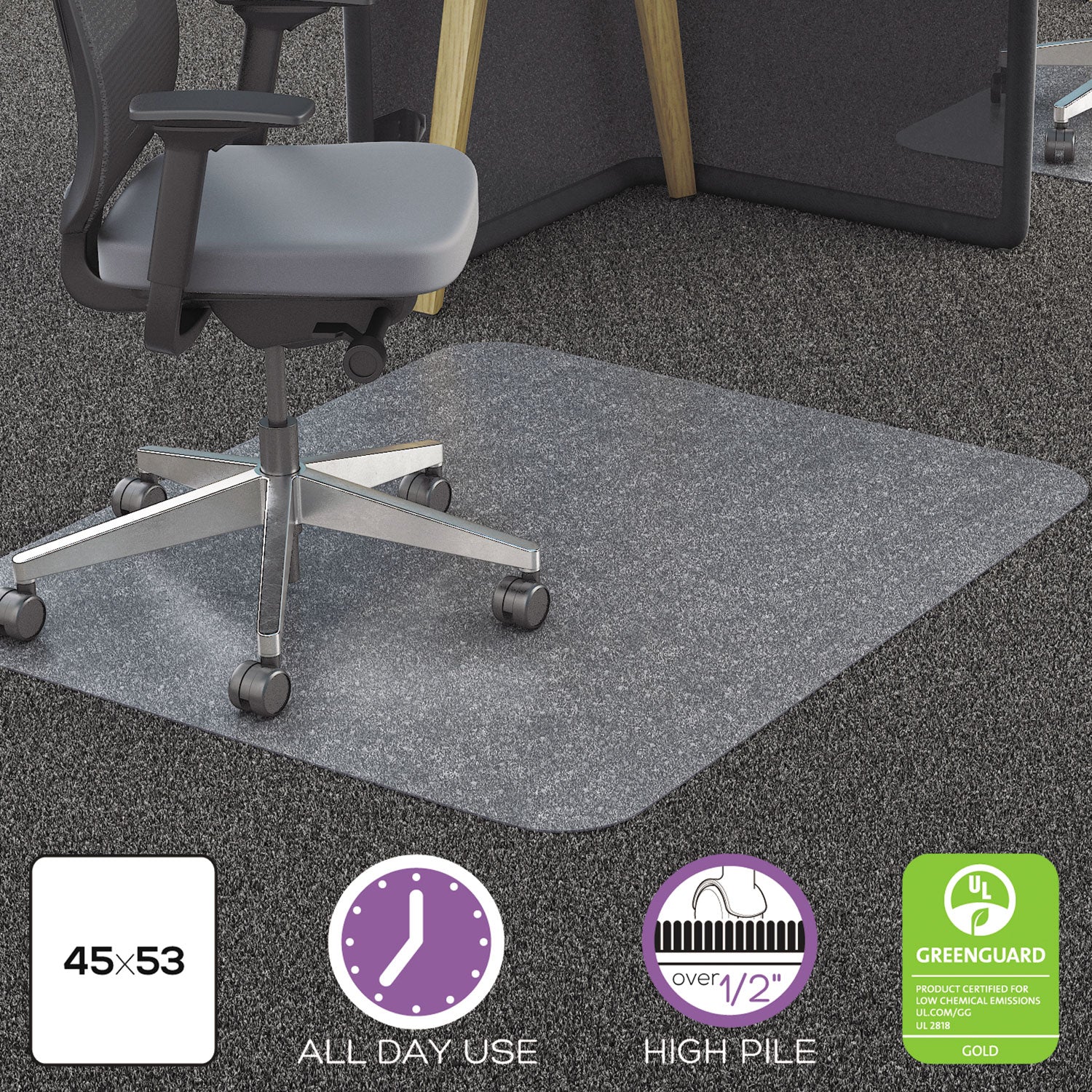 All Day Use Chair Mat - All Carpet Types, 45 x 53, Rectangle, Clear