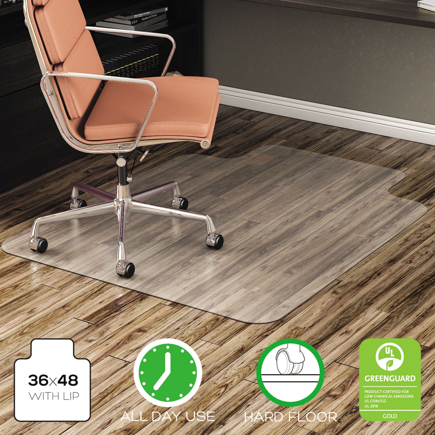 EconoMat All Day Use Chair Mat for Hard Floors, Flat Packed, 36 x 48, Lipped, Clear