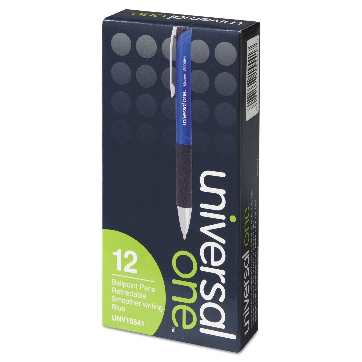 Universal™ Comfort Grip Ballpoint Pen, Retractable, Medium 1 mm, Blue Ink, Blue/Black Barrel, Dozen