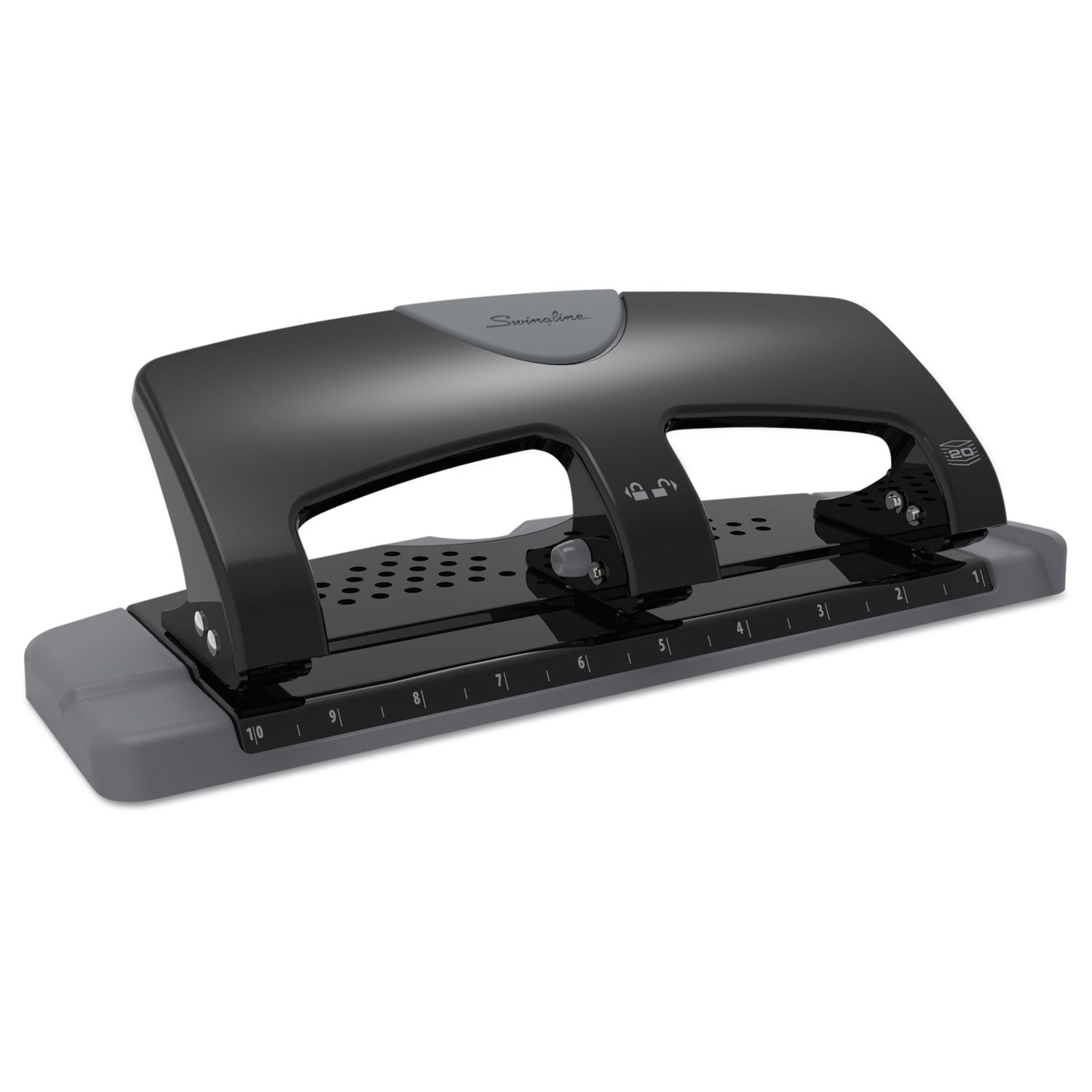 Swingline® 20-Sheet SmartTouch Three-Hole Punch, 9/32" Holes, Black/Gray