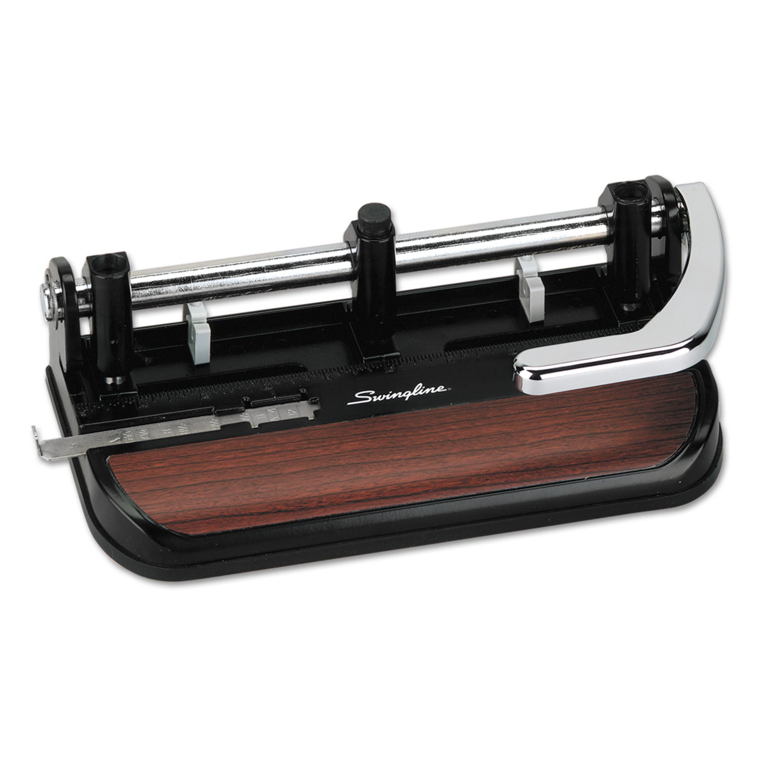 40-Sheet Accented Heavy-Duty Lever Action Two- to Seven-Hole Punch, 11/32" Holes, Black/Woodgrain