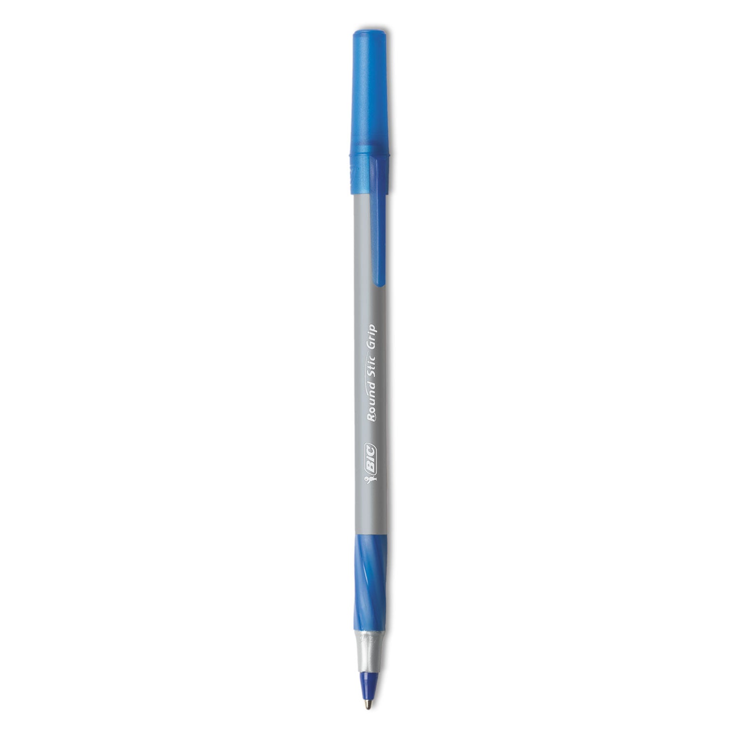 BIC® Round Stic Grip Xtra Comfort Ballpoint Pen, Easy-Glide, Stick, Medium 1.2 mm, Blue Ink, Gray/Blue Barrel, Dozen