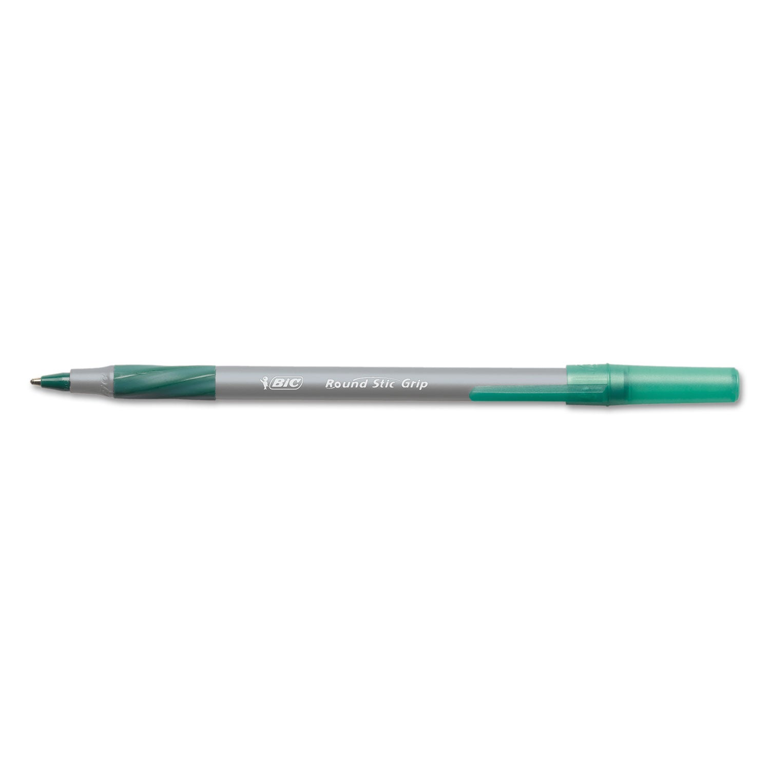 BIC® Round Stic Grip Xtra Comfort Ballpoint Pen, Easy-Glide, Stick, Medium 1.2 mm, Green Ink, Gray/Green Barrel, Dozen