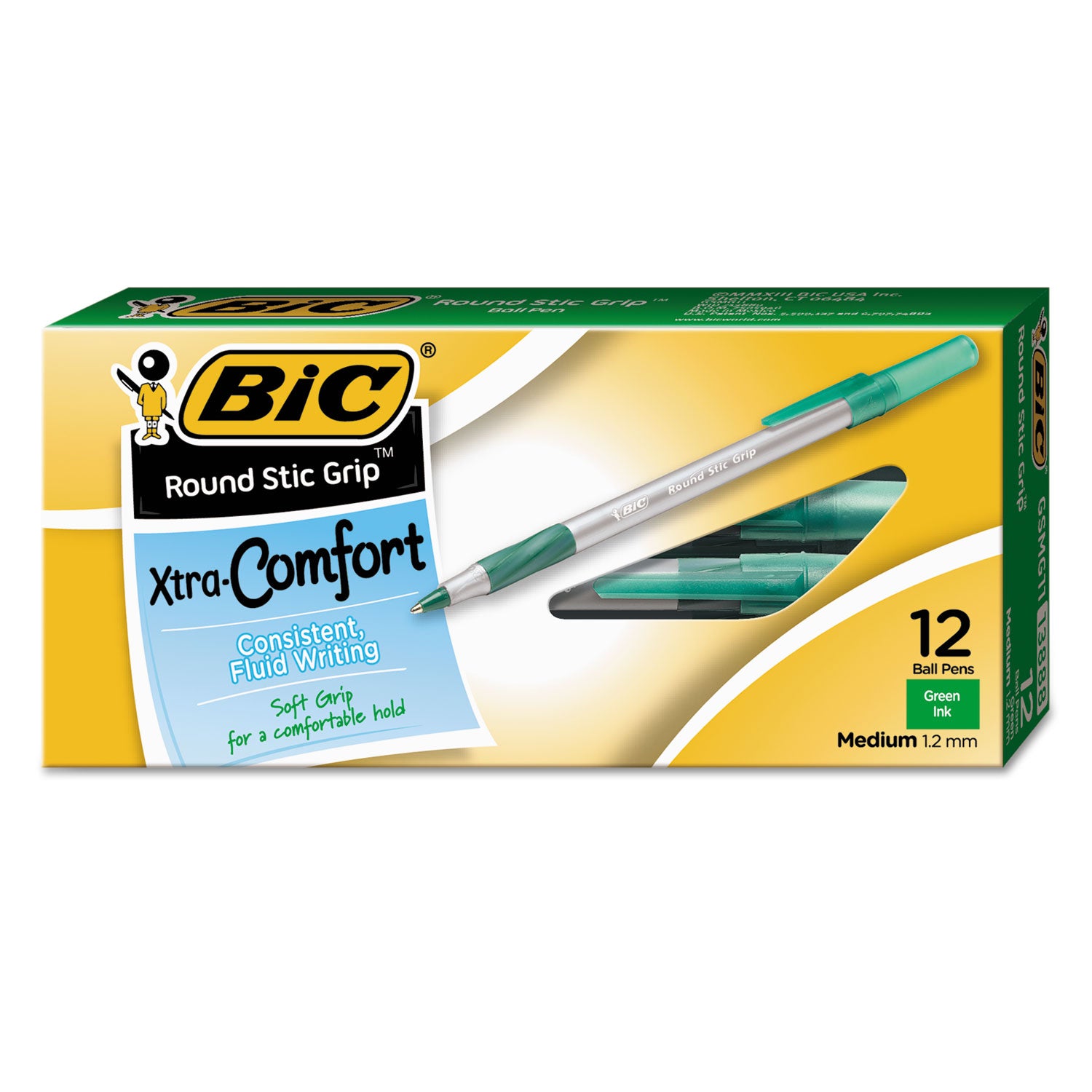 BIC® Round Stic Grip Xtra Comfort Ballpoint Pen, Easy-Glide, Stick, Medium 1.2 mm, Green Ink, Gray/Green Barrel, Dozen