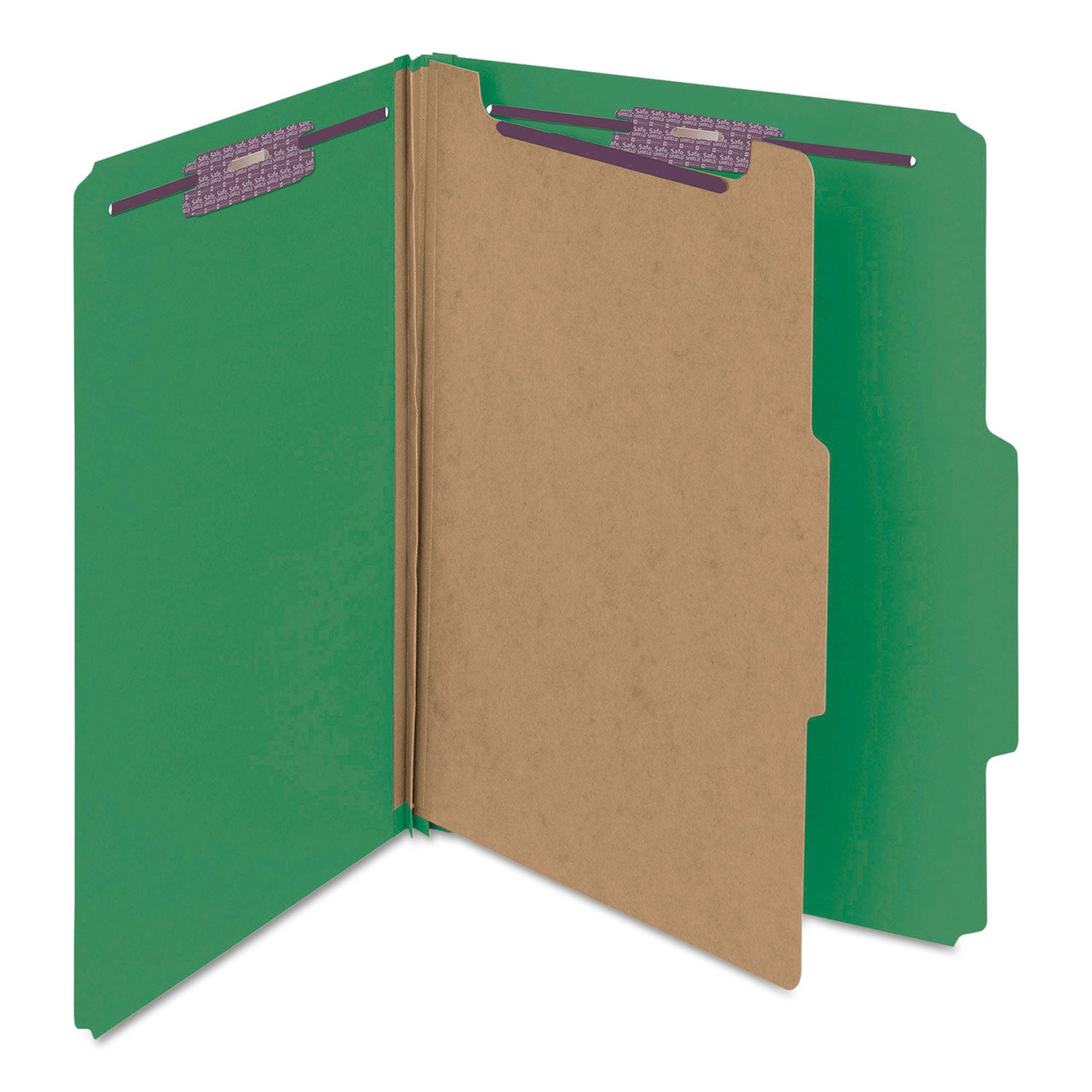 Smead™ Four-Section Pressboard Top Tab Classification Folders, Four SafeSHIELD Fasteners, 1 Divider, Letter Size, Green, 10/Box