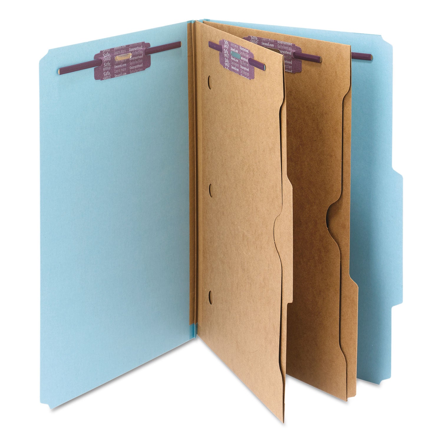 Smead™ 6-Section Pressboard Top Tab Pocket Classification Folders, 6 SafeSHIELD Fasteners, 2 Dividers, Legal Size, Blue, 10/Box