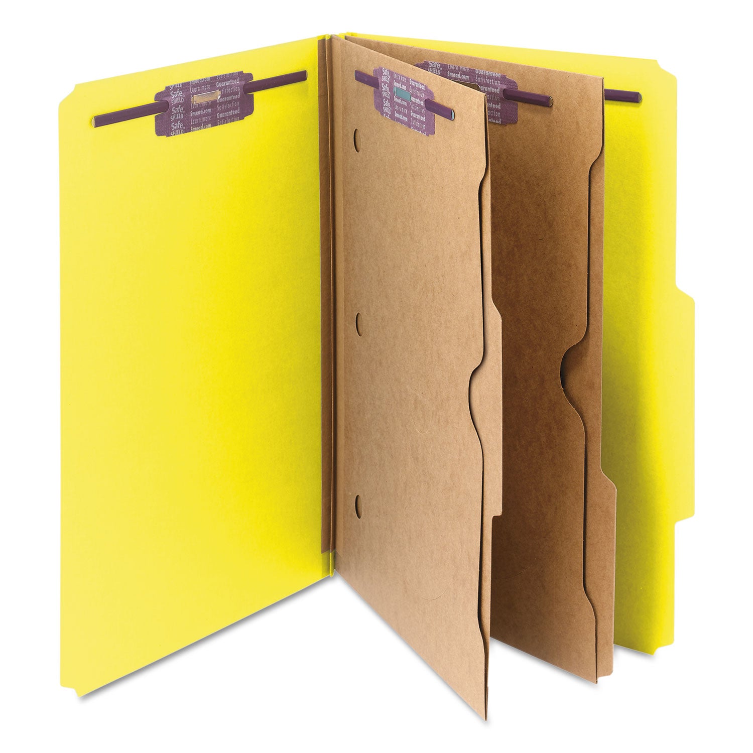 Smead™ 6-Section Pressboard Top Tab Pocket Classification Folders, 6 SafeSHIELD Fasteners, 2 Dividers, Legal Size, Yellow, 10/Box