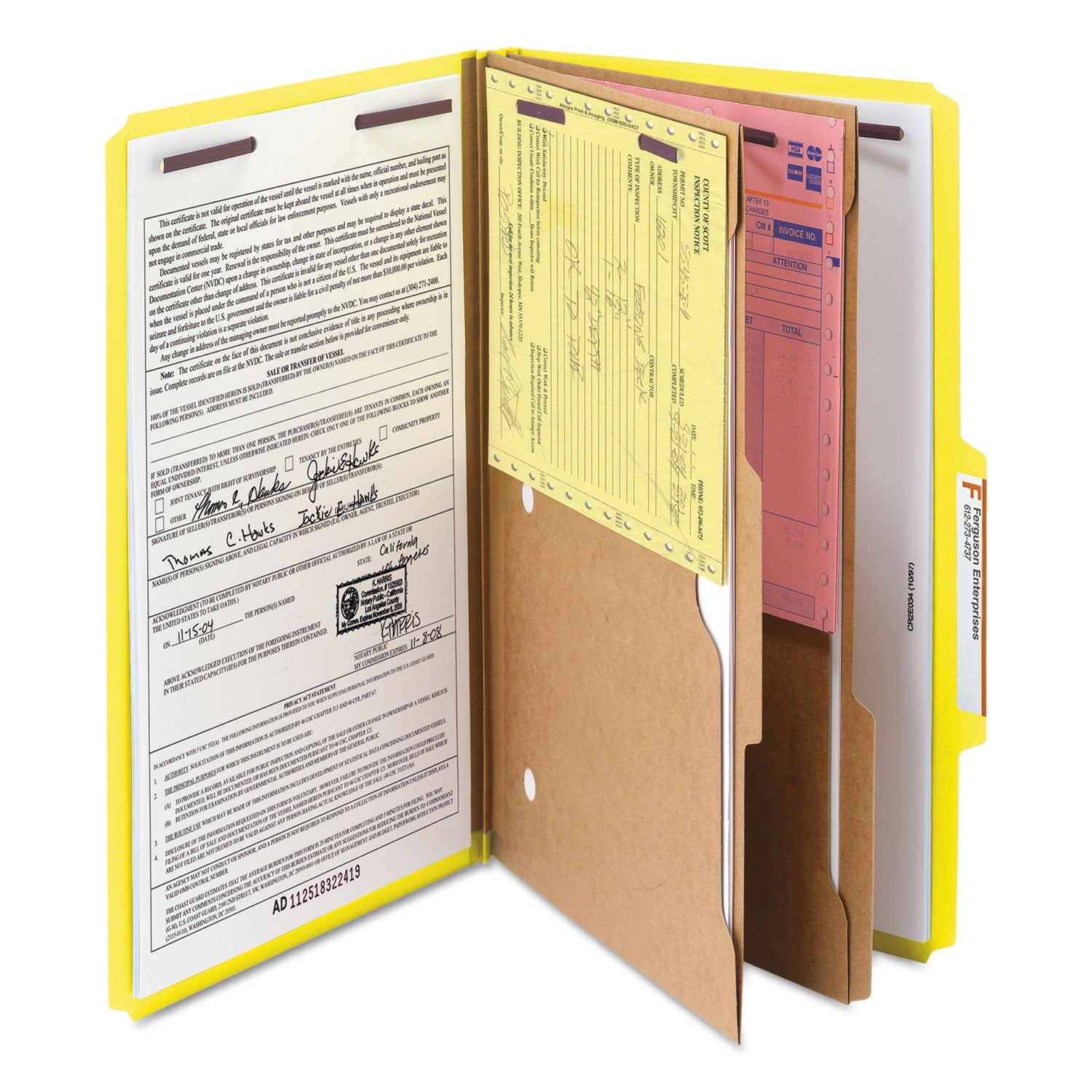 Smead™ 6-Section Pressboard Top Tab Pocket Classification Folders, 6 SafeSHIELD Fasteners, 2 Dividers, Legal Size, Yellow, 10/Box