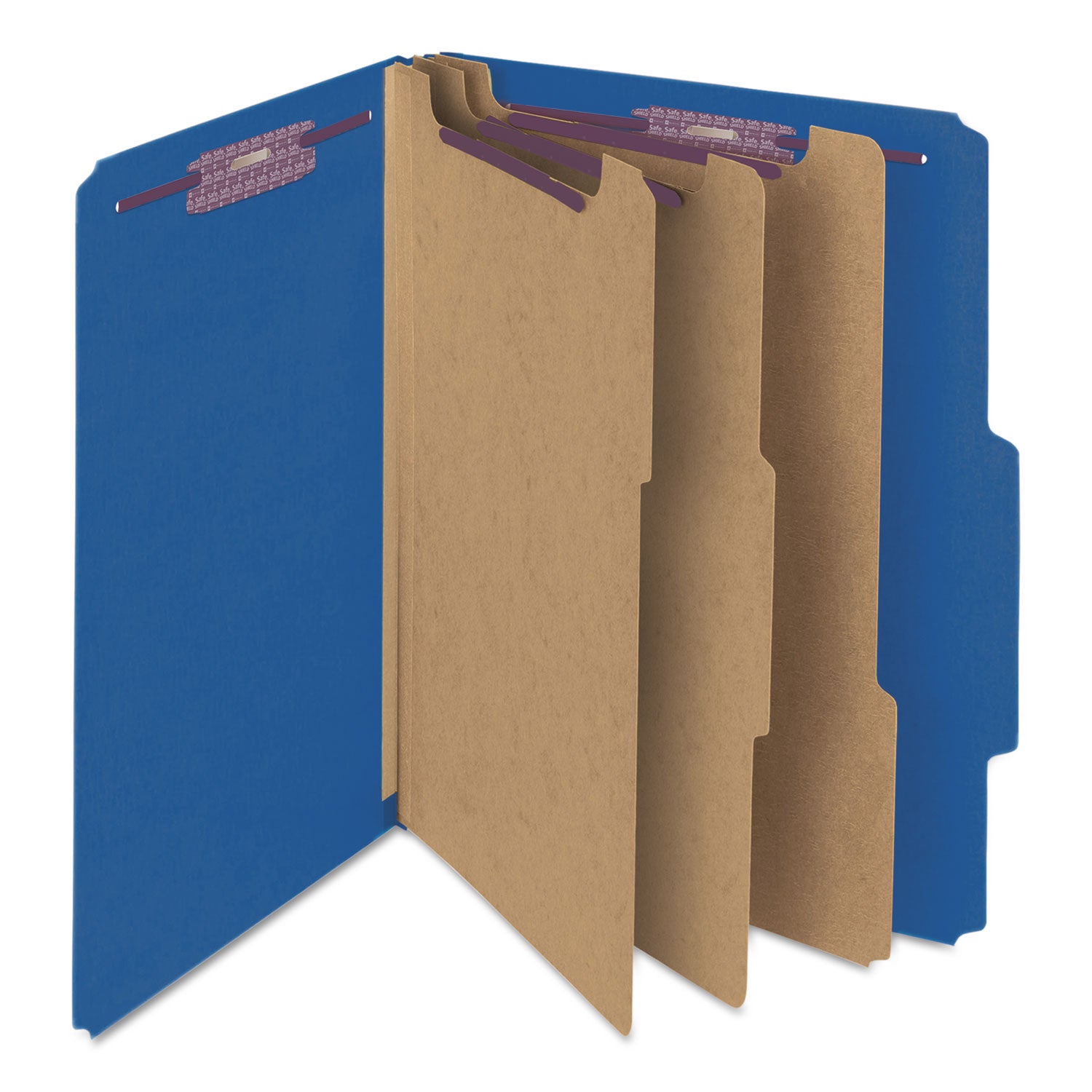 Smead™ Eight-Section Pressboard Top Tab Classification Folders, 8 SafeSHIELD Fasteners, 3 Dividers, Legal Size, Dark Blue, 10/Box