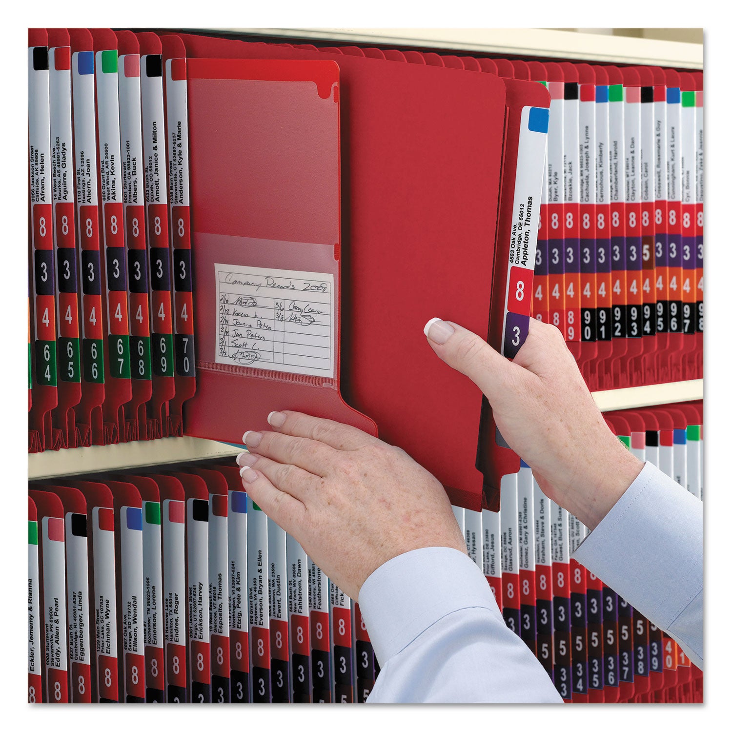 Smead™ End Tab Pressboard Classification Folders, Six SafeSHIELD Fasteners, 2" Expansion, 2 Dividers, Letter Size, Bright Red, 10/BX