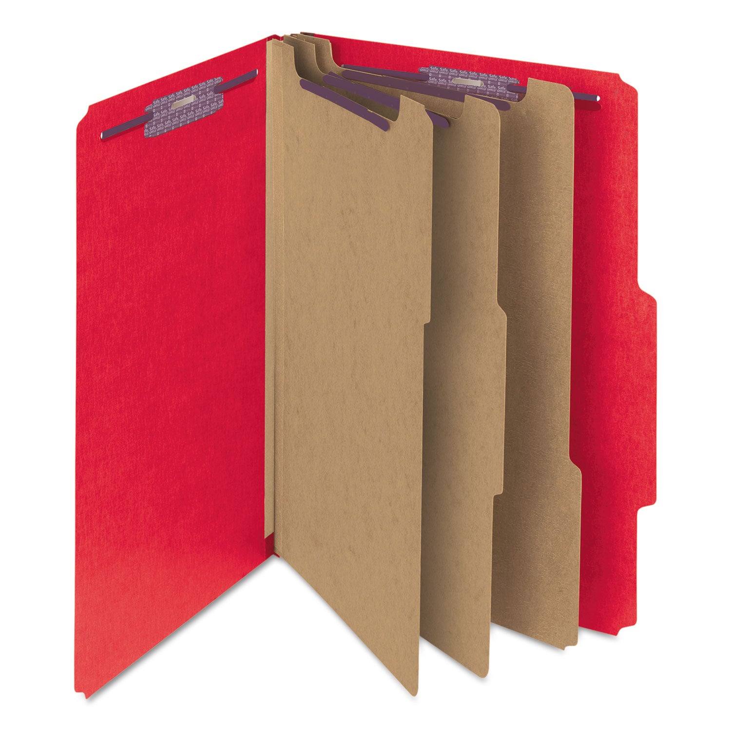 Smead™ Eight-Section Pressboard Top Tab Classification Folders, 8 SafeSHIELD Fasteners, 3 Dividers, Letter Size, Bright Red, 10/Box