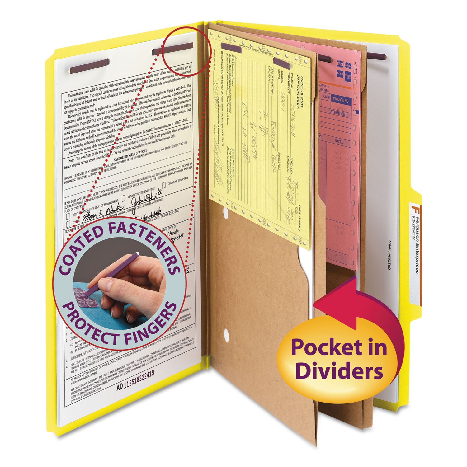 6-Section Pressboard Top Tab Pocket Classification Folders, 6 SafeSHIELD Fasteners, 2 Dividers, Legal Size, Yellow, 10/Box