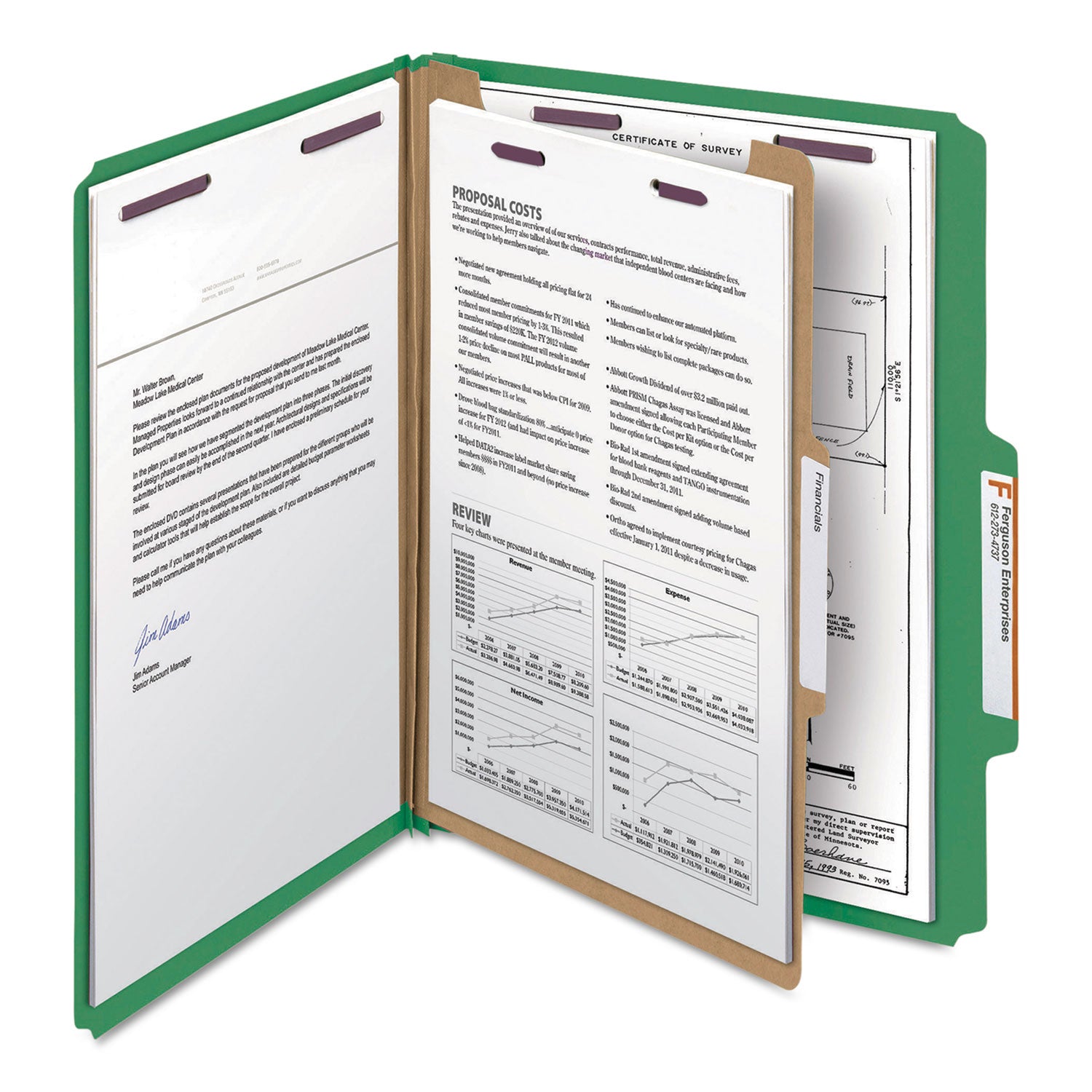 Smead™ Four-Section Pressboard Top Tab Classification Folders, Four SafeSHIELD Fasteners, 1 Divider, Letter Size, Green, 10/Box