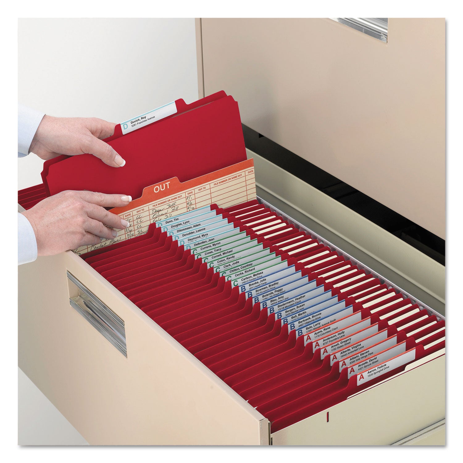 Smead™ Top Tab Classification Folders, Six SafeSHIELD Fasteners, 2" Expansion, 2 Dividers, Letter Size, Red Exterior, 10/Box