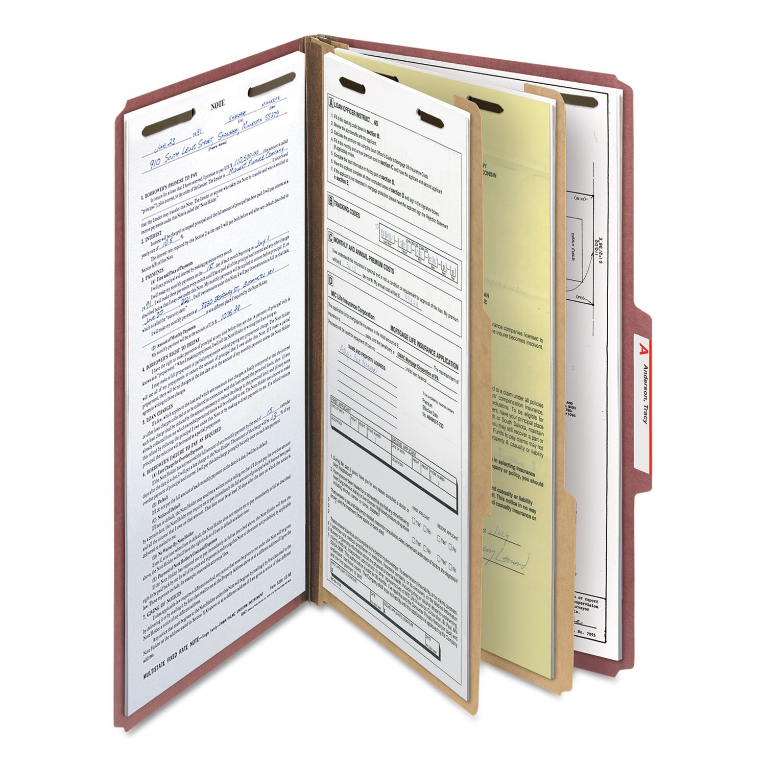 Smead™ Recycled Pressboard Classification Folders, 2" Expansion, 2 Dividers, 6 Fasteners, Legal Size, Red Exterior, 10/Box