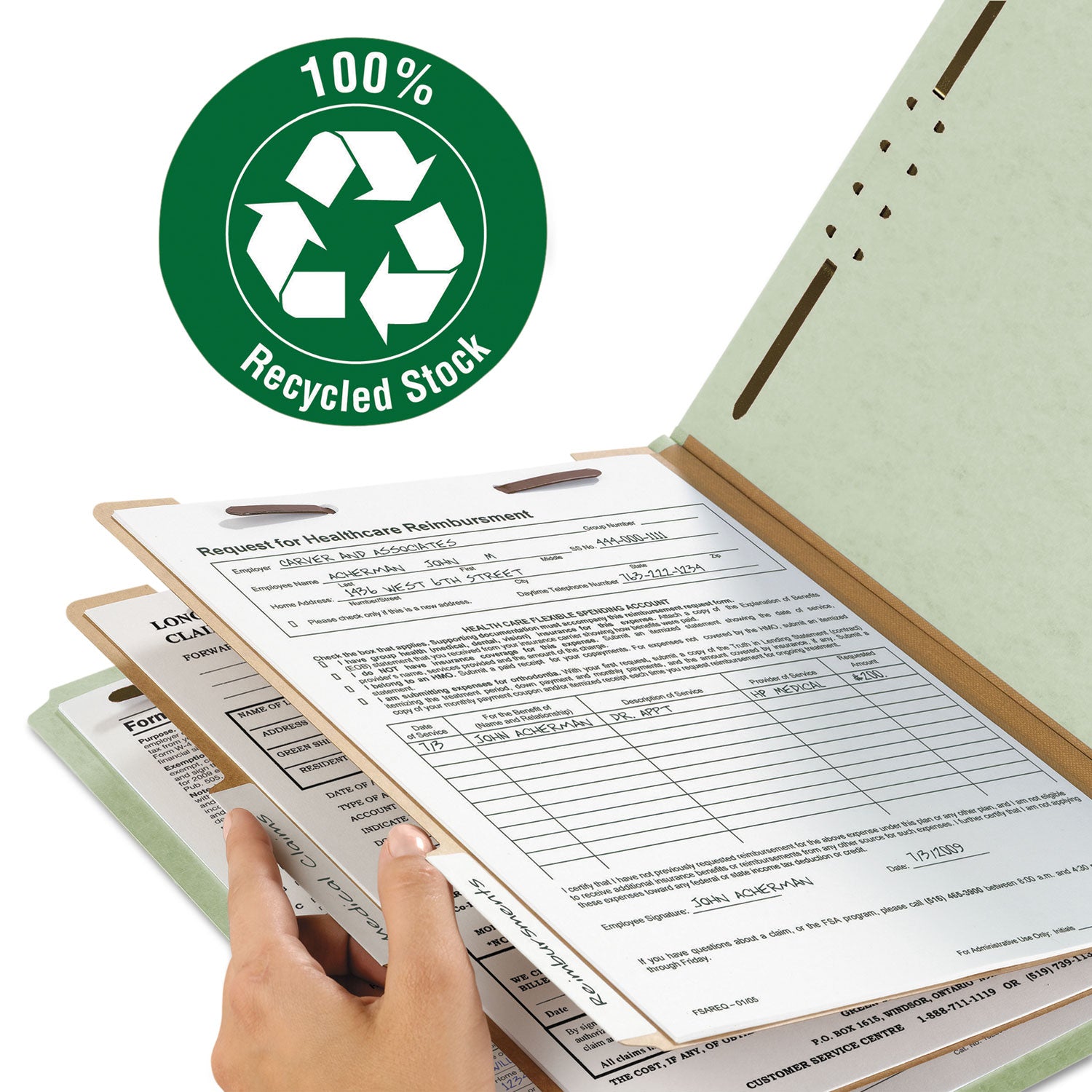 Smead™ Recycled Pressboard Classification Folders, 2" Expansion, 2 Dividers, 6 Fasteners, Legal Size, Gray-Green, 10/Box