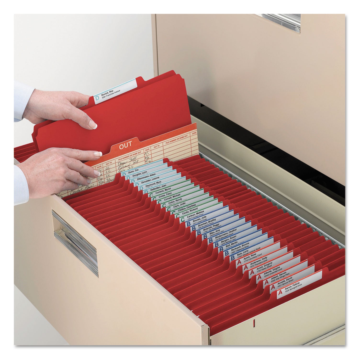 Smead™ 6-Section Pressboard Top Tab Pocket Classification Folders, 6 SafeSHIELD Fasteners, 2 Dividers, Legal Size, Bright Red, 10/BX