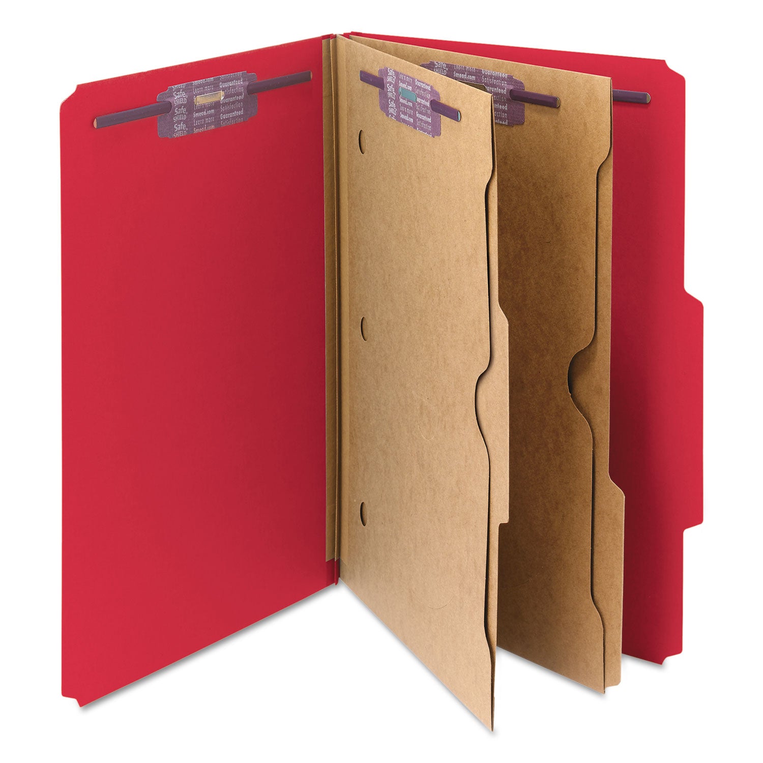 Smead™ 6-Section Pressboard Top Tab Pocket Classification Folders, 6 SafeSHIELD Fasteners, 2 Dividers, Legal Size, Bright Red, 10/BX