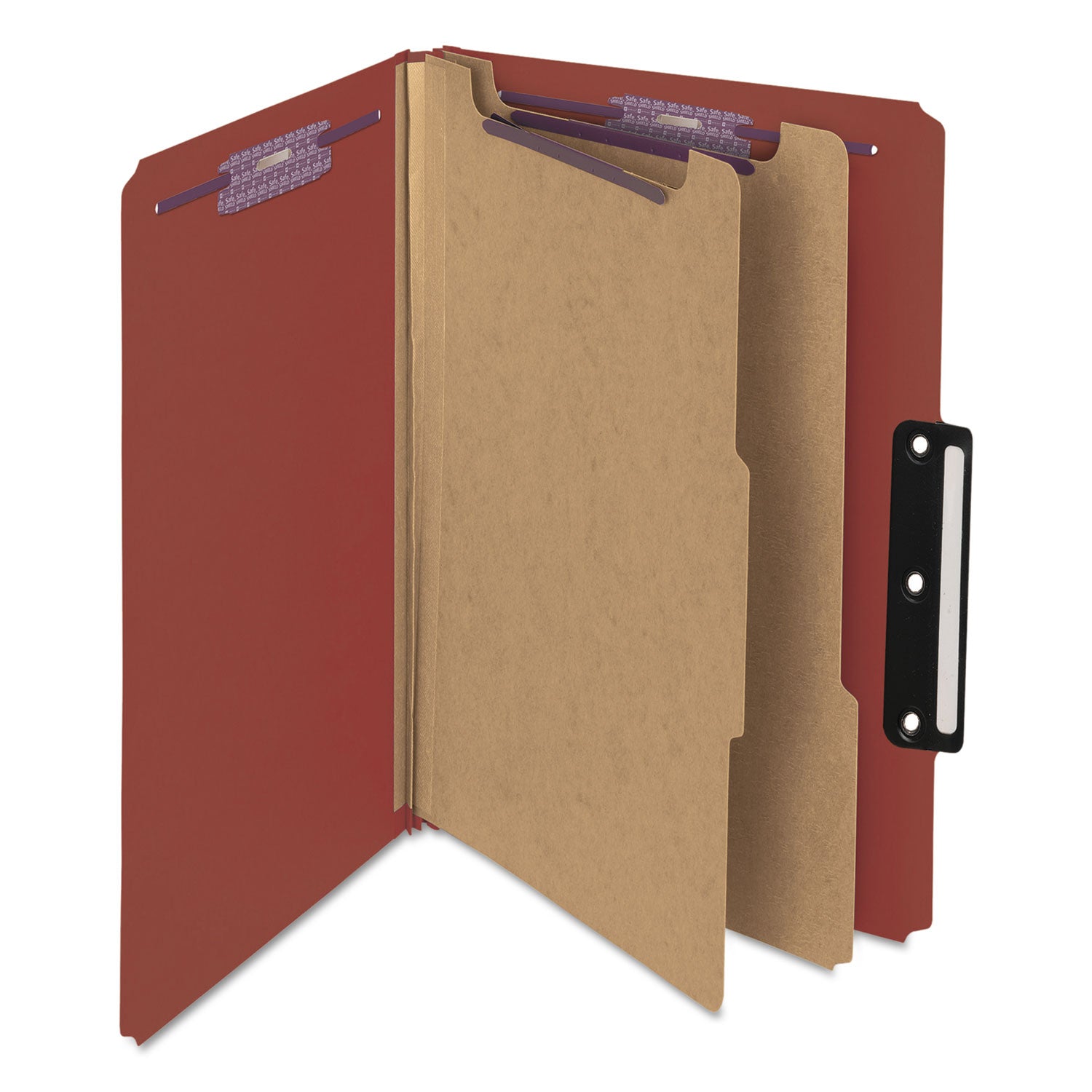 Smead™ Pressboard Classification Folders, Six SafeSHIELD Fasteners, 1/3-Cut Tabs, 2 Dividers, Legal Size, Red, 10/Box