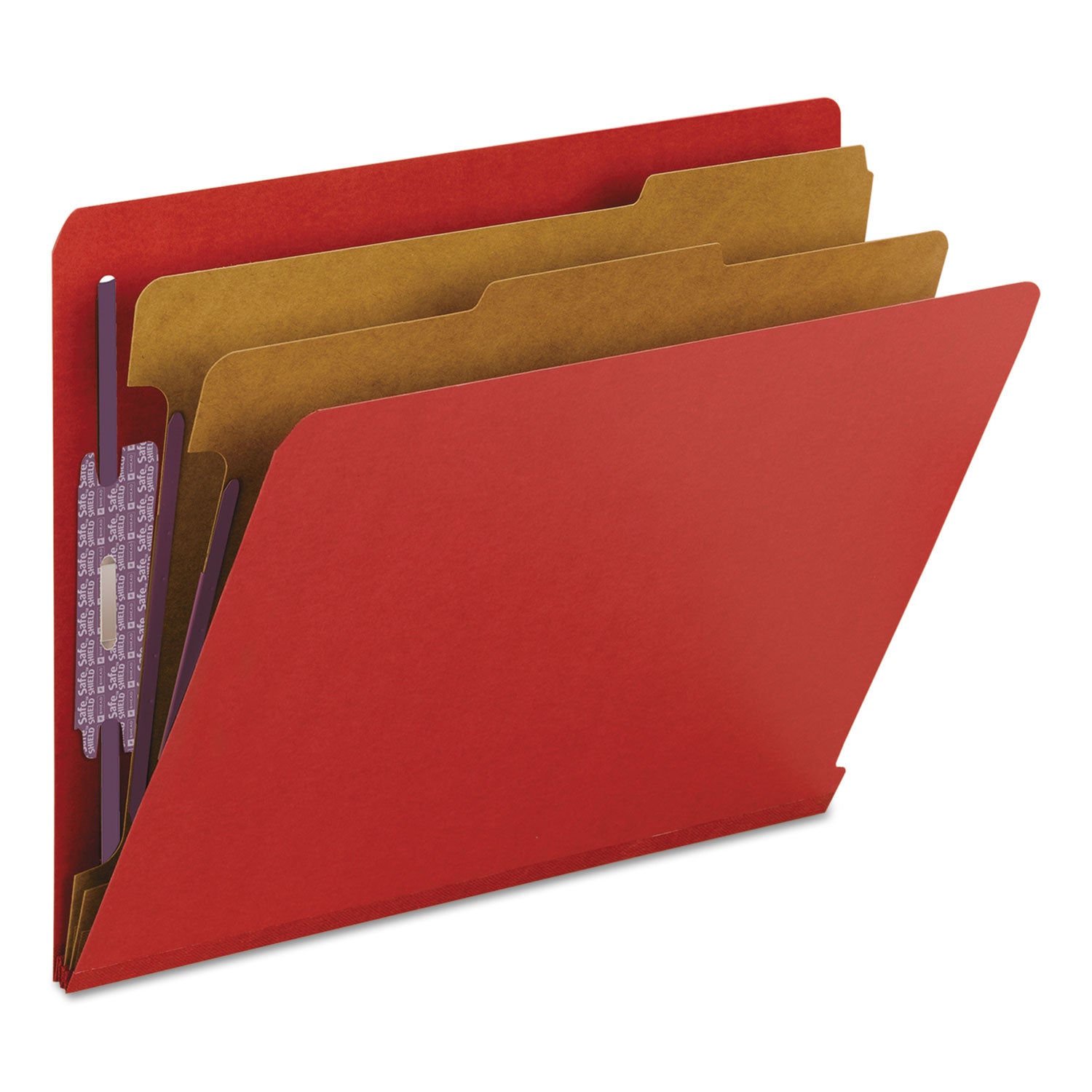 Smead™ End Tab Pressboard Classification Folders, Six SafeSHIELD Fasteners, 2" Expansion, 2 Dividers, Letter Size, Bright Red, 10/BX