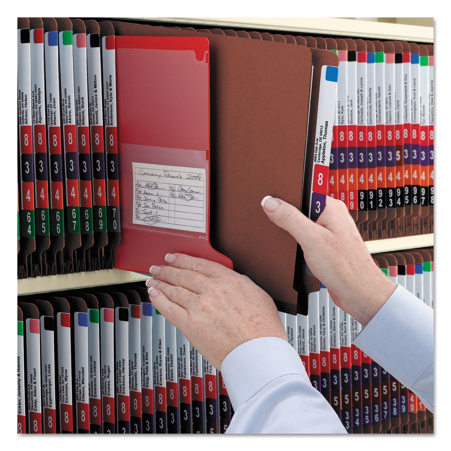 Smead™ End Tab Pressboard Classification Folders, Eight SafeSHIELD Fasteners, 3" Expansion, 3 Dividers, Letter Size, Red, 10/Box