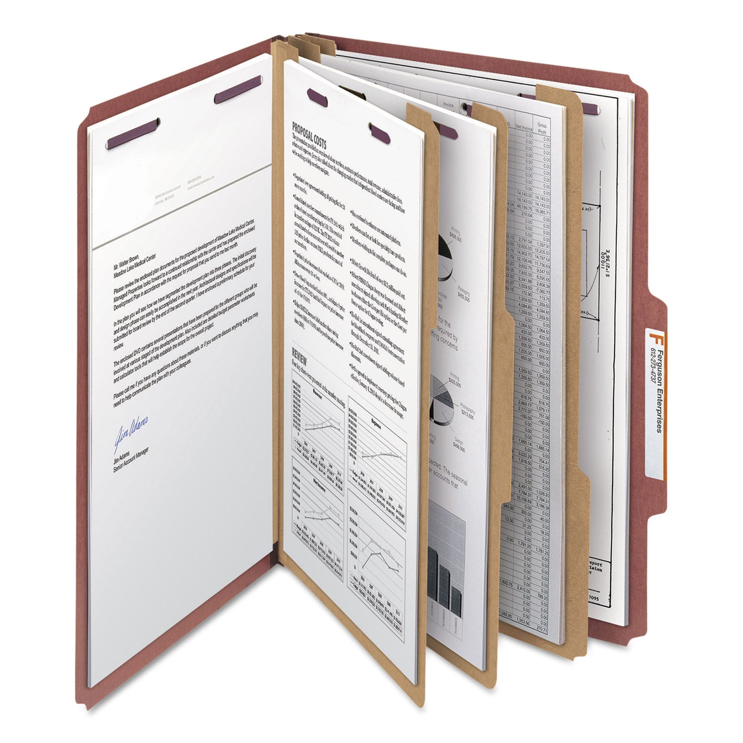 Smead™ Pressboard Classification Folders, Eight SafeSHIELD Fasteners, 2/5-Cut Tabs, 3 Dividers, Legal Size, Red, 10/Box