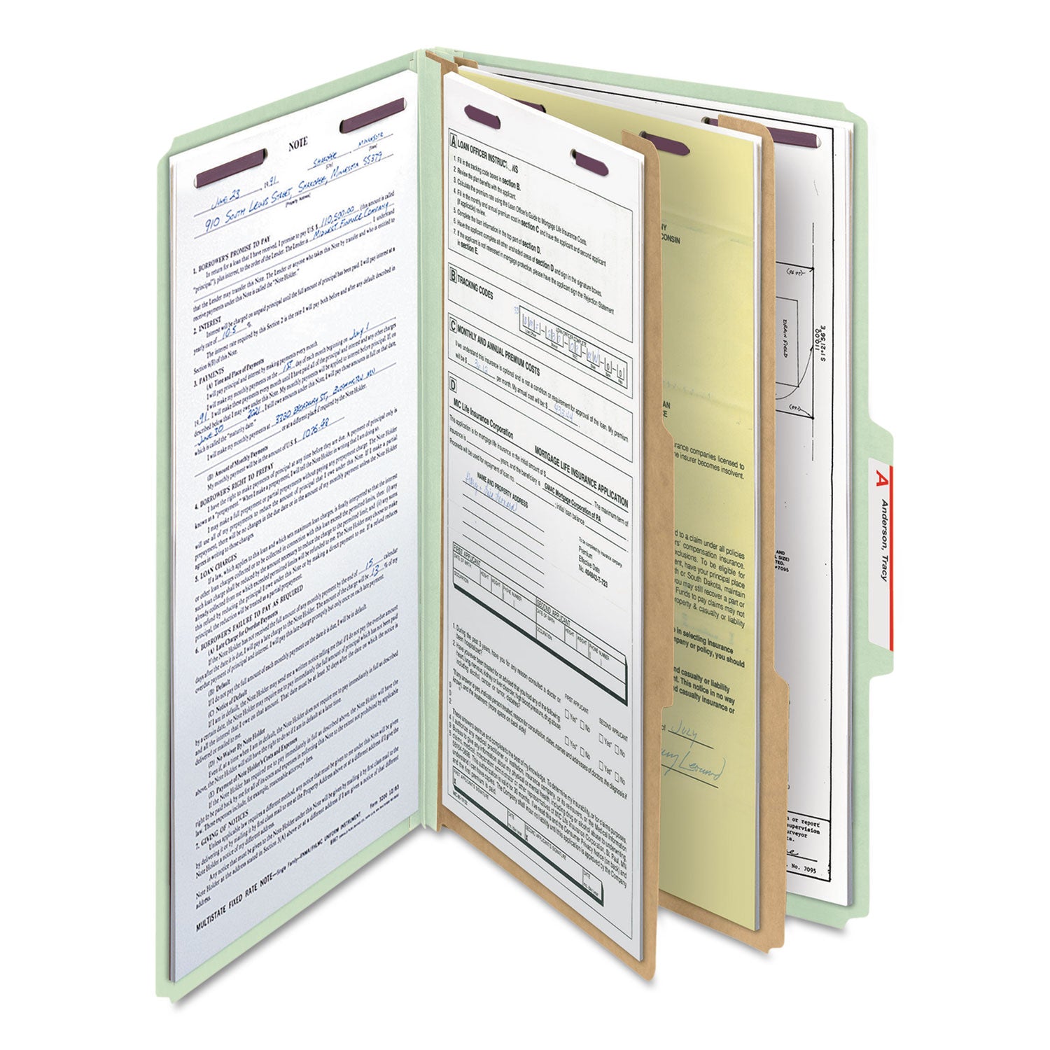 Smead™ Pressboard Classification Folders, Six SafeSHIELD Fasteners, 2/5-Cut Tabs, 2 Dividers, Legal Size, Gray-Green, 10/Box