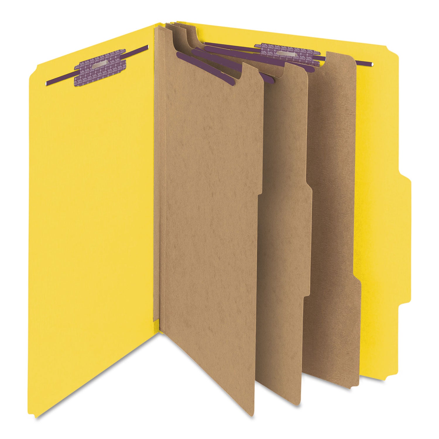 Smead™ Eight-Section Pressboard Top Tab Classification Folders, Eight SafeSHIELD Fasteners, 3 Dividers, Letter Size, Yellow, 10/Box