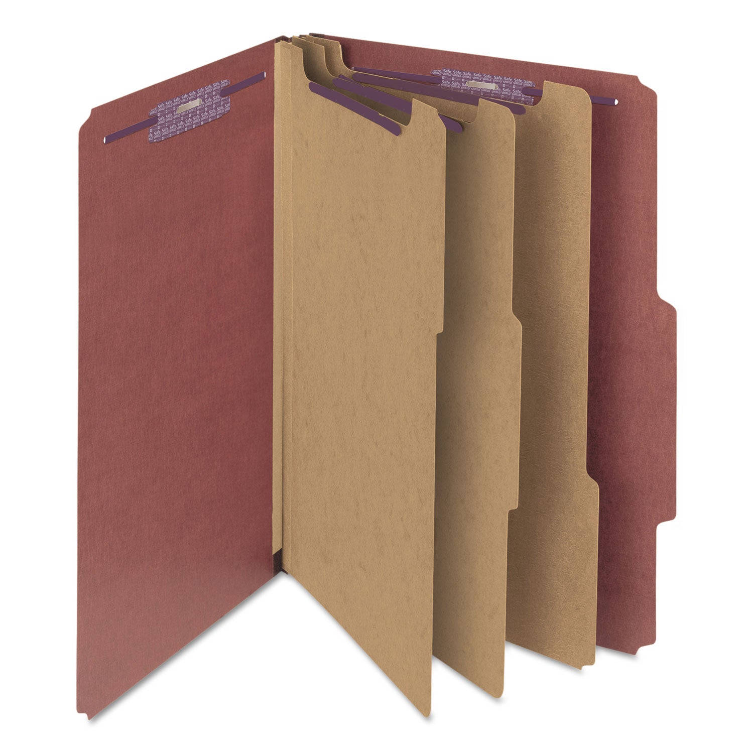 Smead™ Pressboard Classification Folders, Eight SafeSHIELD Fasteners, 2/5-Cut Tabs, 3 Dividers, Legal Size, Red, 10/Box